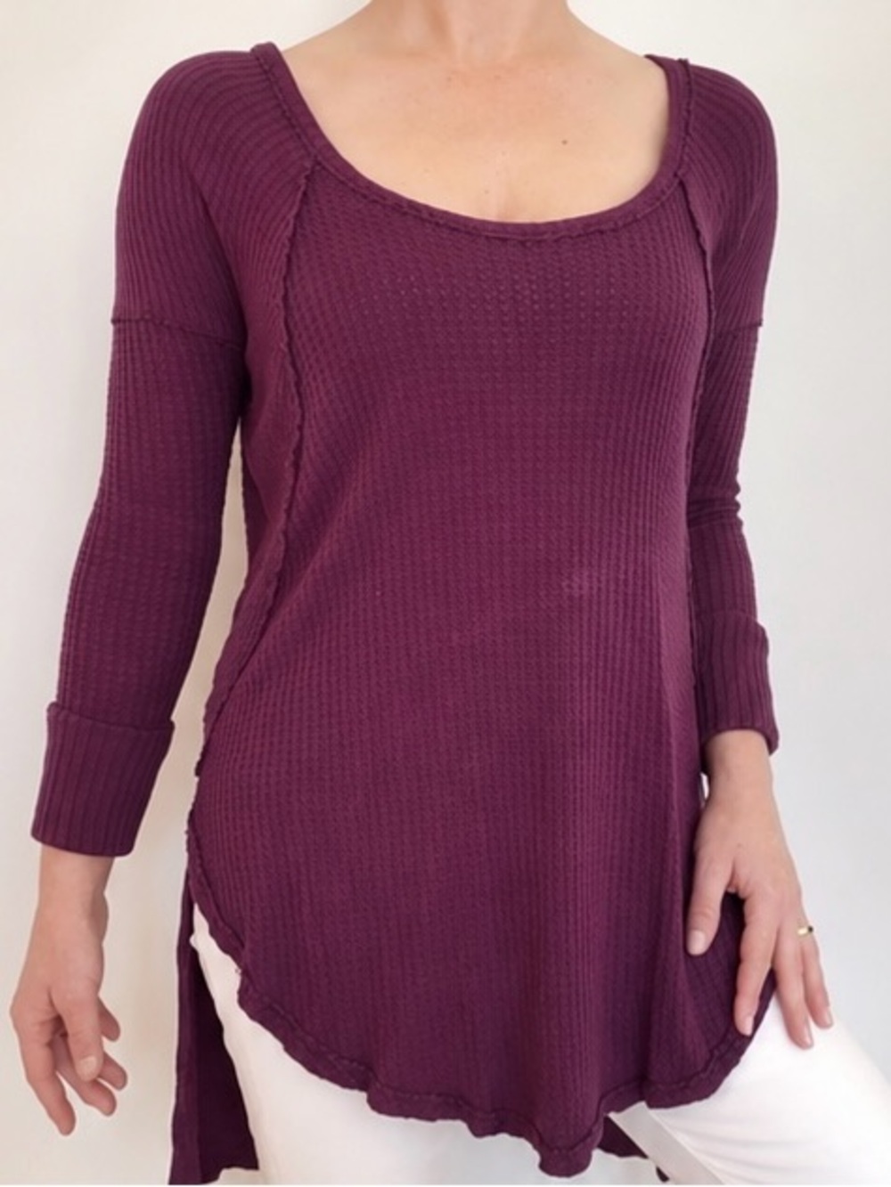 Free People We The Free Oversized Waffle Knit Thermal Top Plum XS Boho Slouchy